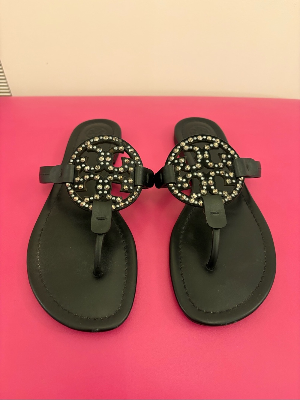 Tory Burch Miller Black Jeweled Logo Thong Sandals